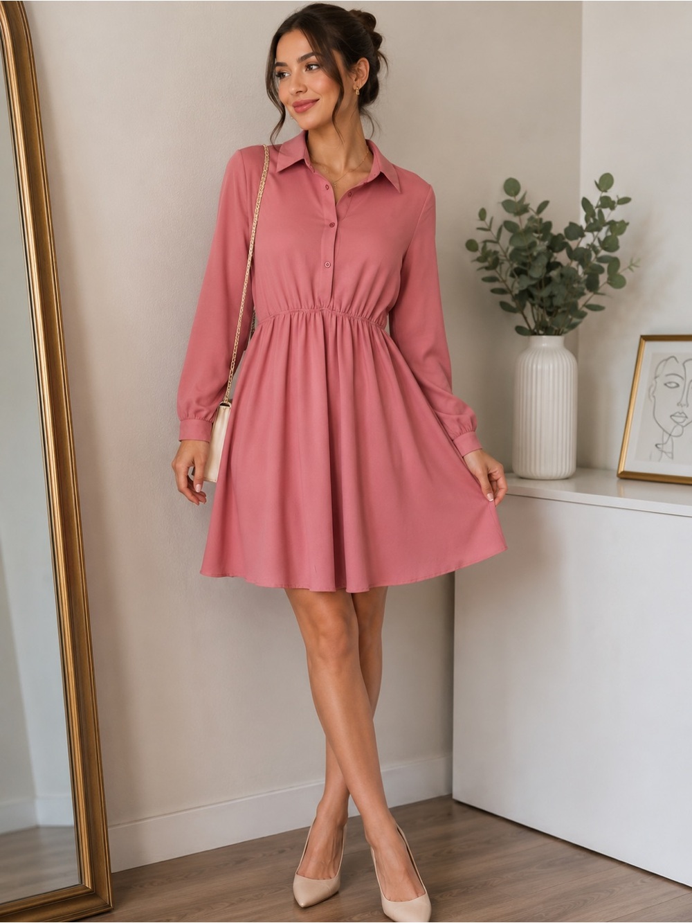 SHEIN Dusty Rose Button-Front Collared Mini Dress